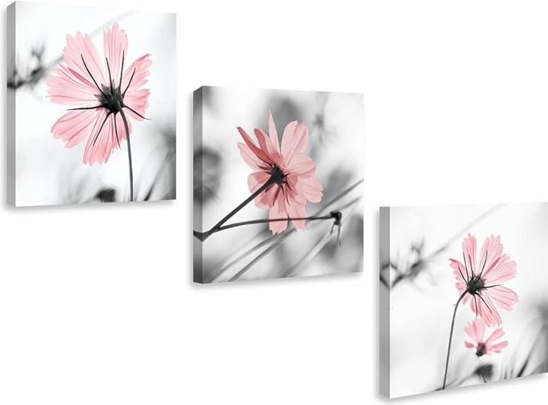 Wall Art Three Panel Cosmos Flowers Selective Color, Pink Floral Wall Art