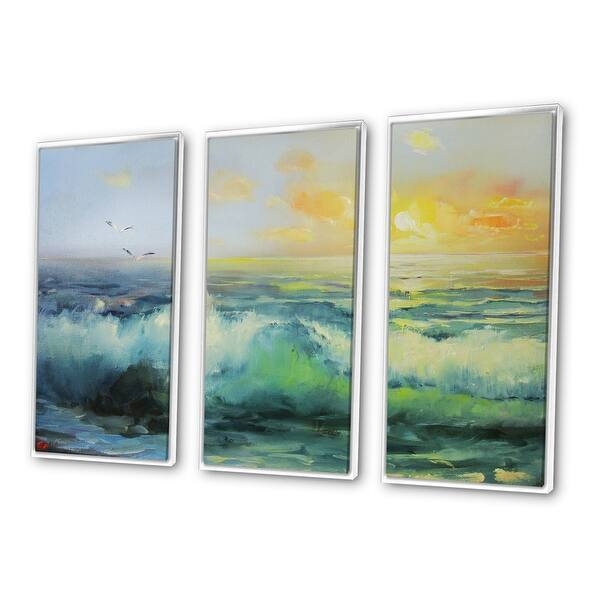Wall Art Three Panel Set Crashing Wave Detail Vibrant Teal Seascape.