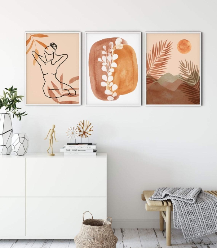 Wall Art Trio in Earthy Terracotta Palette, Botanical Line Art.