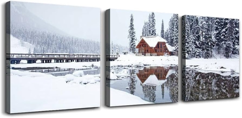 Wall Art Triptych: 3 Piece Winter Lodge Reflection Canvas Set