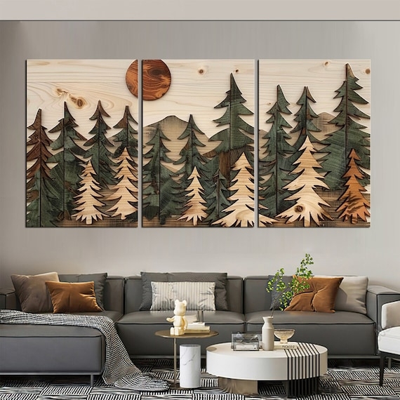 Wall Art Triptych: 3D Wood Effect Forest Landscape