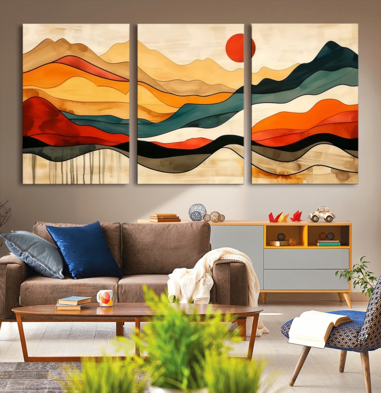 Wall Art Triptych Abstract Mountain Landscape, Warm Sunset Palette Colors