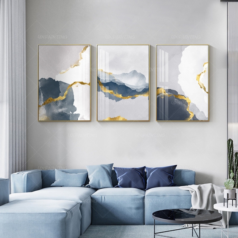 Wall Art Triptych, Abstract Mountain Prints with Gold Accents