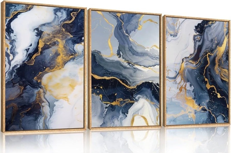Wall Art Triptych: Abstract Navy Ink Wash Painting with Gold Accents