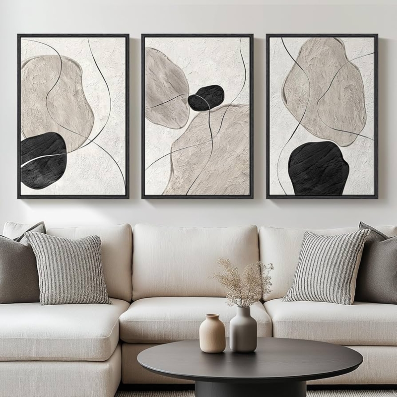 Wall Art: Triptych Abstract Shapes Canvas Set, Neutral Tones