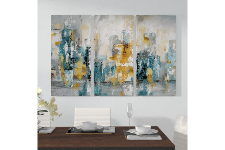 Wall Art Triptych Abstract Teal Gold Blocks | Contemporary Dining Room