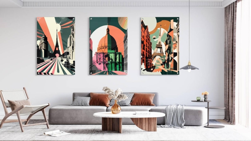 Wall Art Triptych Acrylic Architecture Pattern Corner Mount Urban Theme