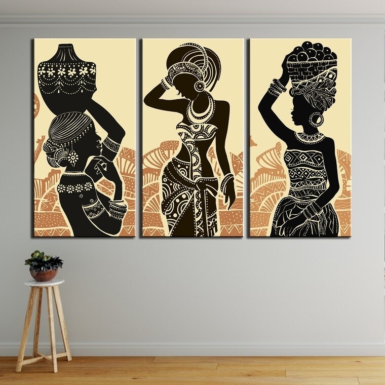 Wall Art Triptych African Silhouette Theme with Tribal Patterns