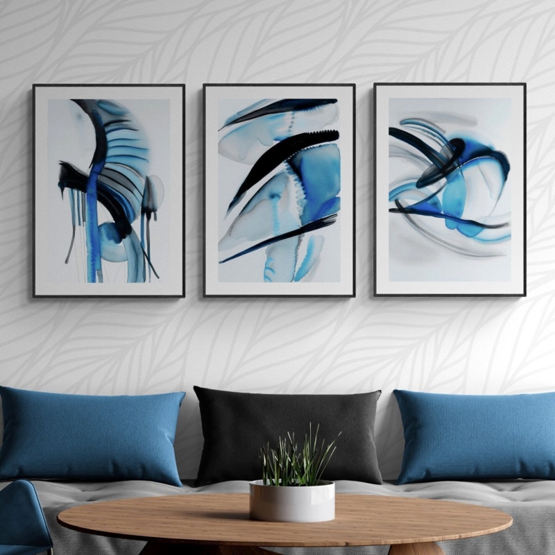 Wall Art Triptych Arrangement Azure Blue Palette Framed Minimalist