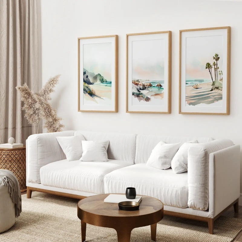 Wall Art Triptych Arrangement Thin Wood Frames Watercolor
