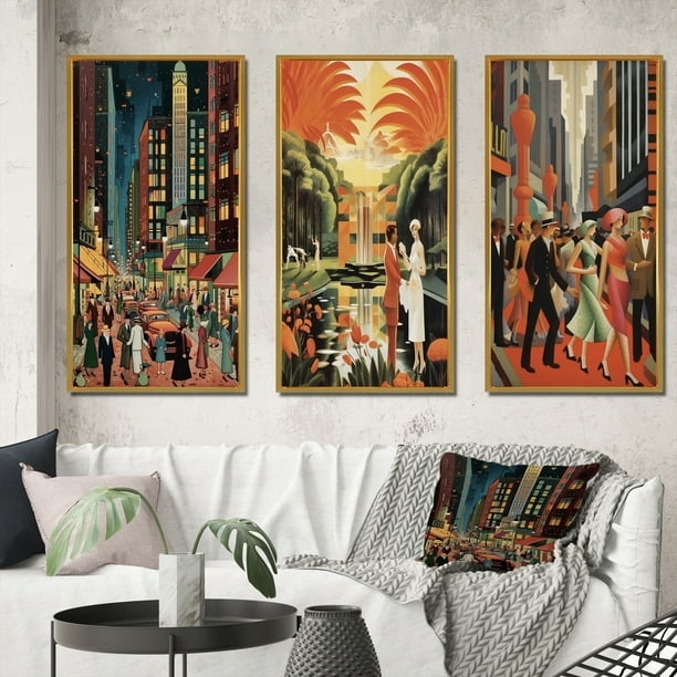 Wall Art Triptych: Art Deco Fashion Illustrations, Gold Toned Frames