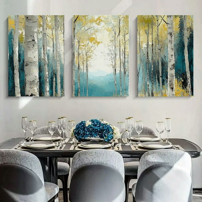 Wall Art Triptych, Birch Forest Scene in Teal and Yellow