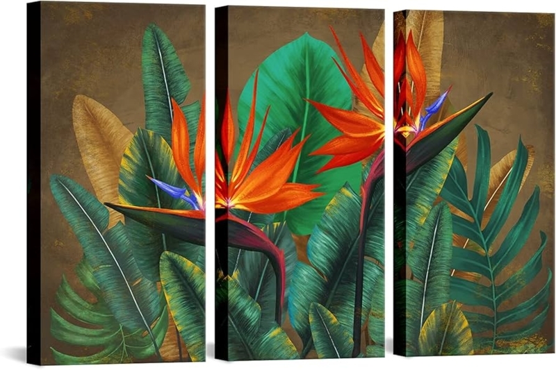 Wall Art Triptych Bird Of Paradise Motif Botanical Print Gallery Wrapped