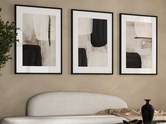 Wall Art Triptych Bold Black Strokes Abstract Japandi Style