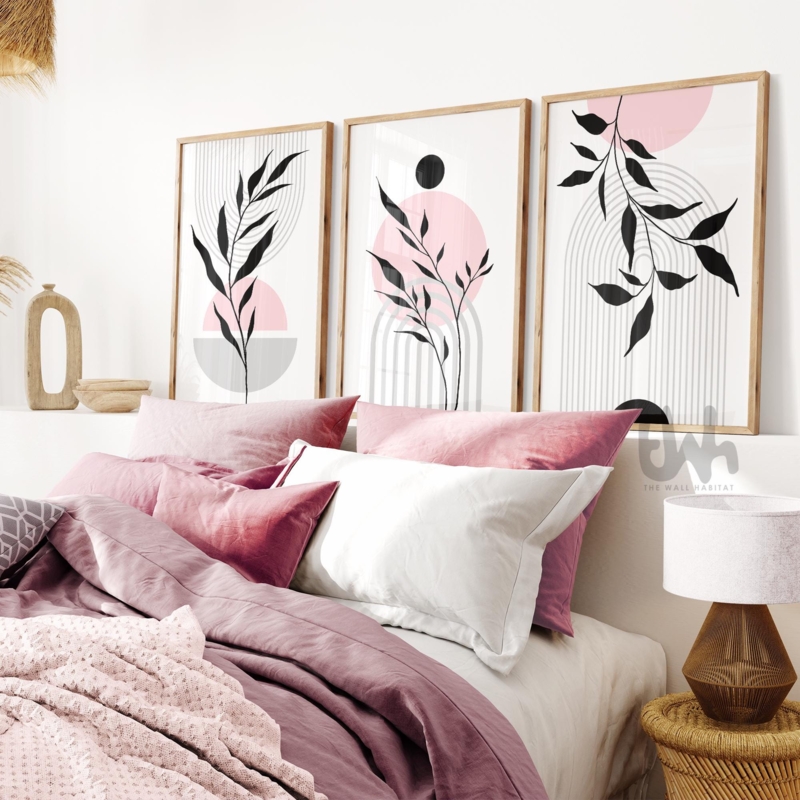 Wall Art Triptych Botanical Geometric Fusion, Mid Century Modern Framed Prints