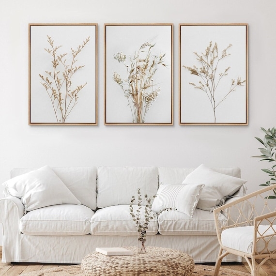 Wall Art Triptych Botanical Theme Framed Canvas Minimalist Prints Set