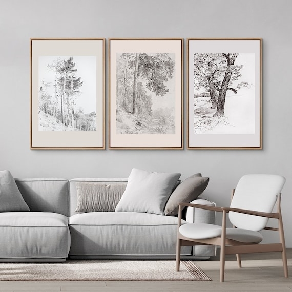 Wall Art Triptych, Botanical Tree Sketches in Wood Frames