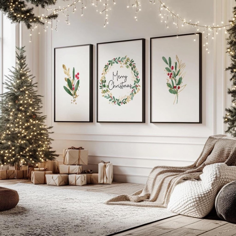 Wall Art Triptych Botanical Wreath Print Gallery Minimalist Christmas