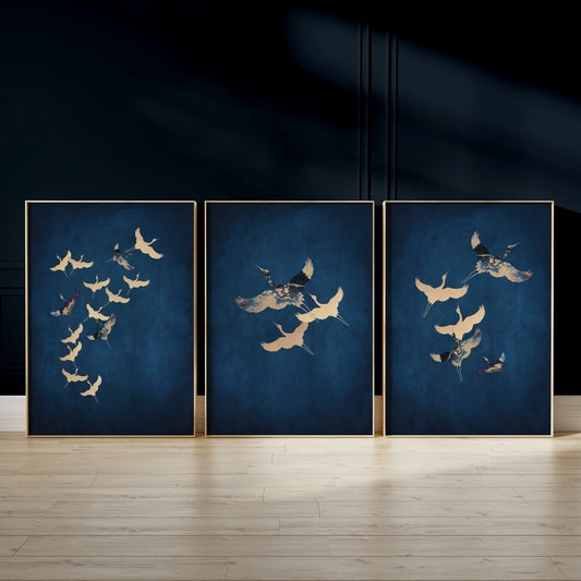 Wall Art Triptych Crane Motif Sapphire Gold Metallic Decor