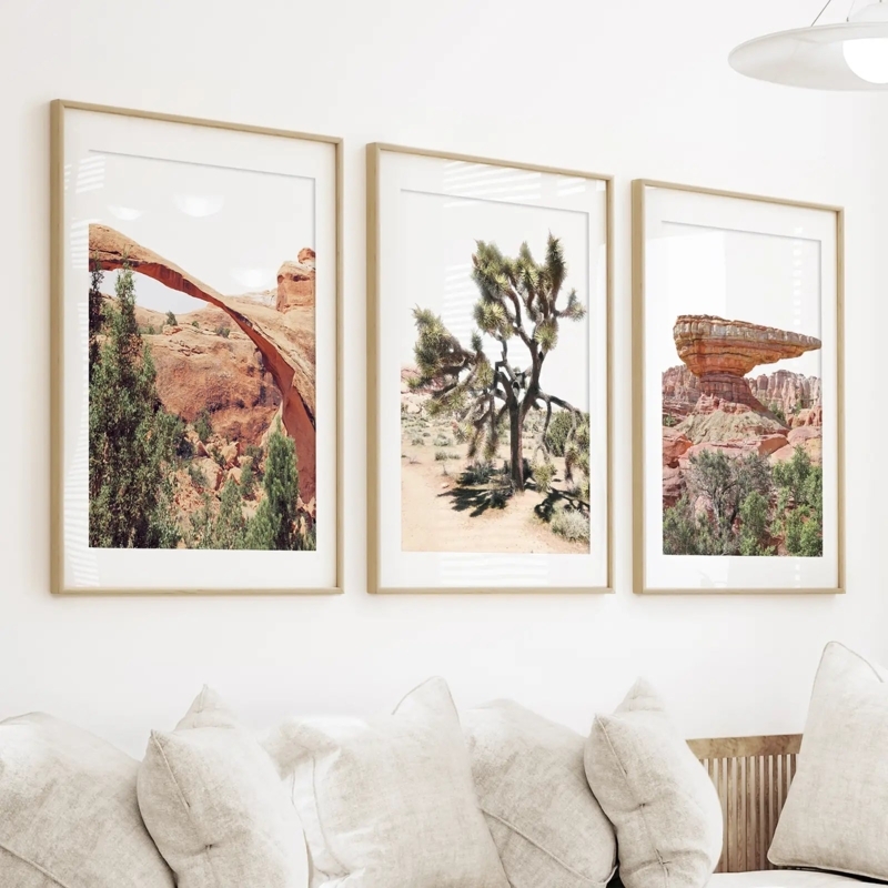 Wall Art Triptych Desert Landscapes Thin Wood Frames, Minimalist Style
