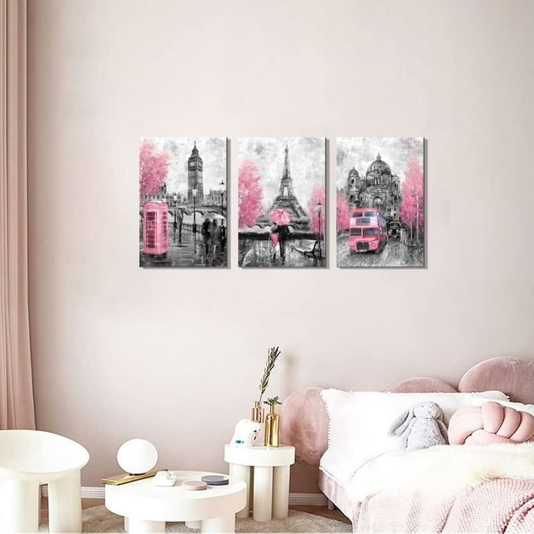Wall Art Triptych European Landmarks Selective Pink, Paris Themed Room Decor