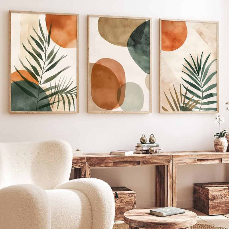 Wall Art Triptych featuring Burnt Orange and Olive Botanical Prints.