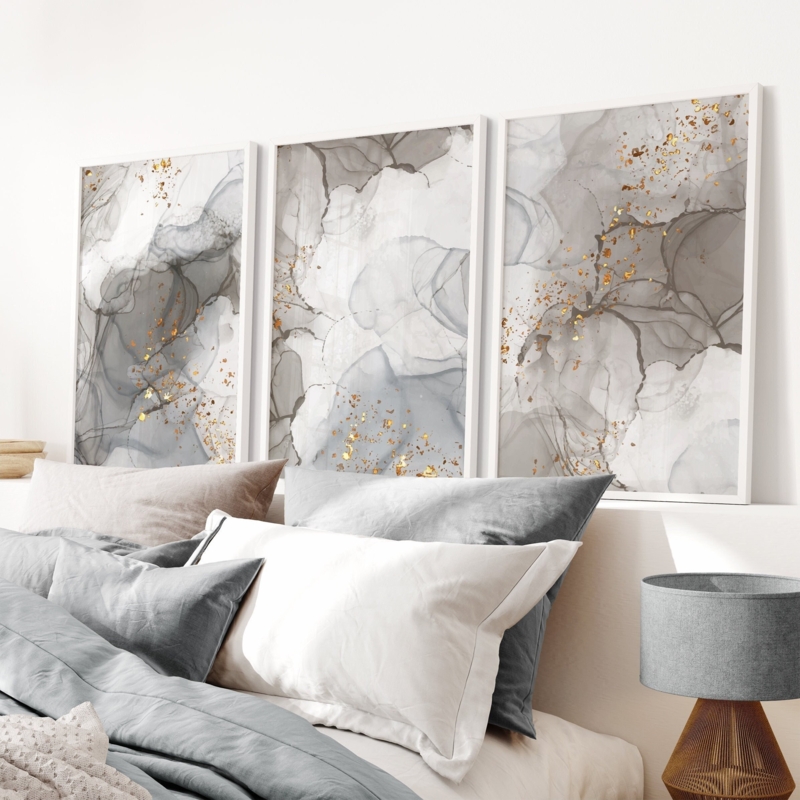 Wall Art Triptych Fluid Ink With Gold Fleck Detail Bedroom Decor
