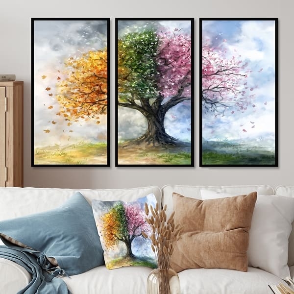 Wall Art Triptych Framed Watercolor Style Tree of Life Canvas Set