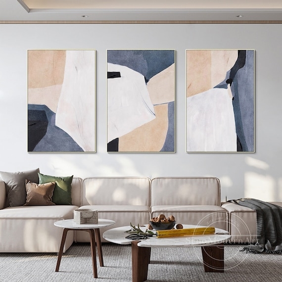 Wall Art Triptych, Geometric Abstract in Beige and Blue