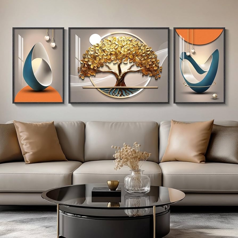 Wall Art Triptych Gold Tree Motif Teal Abstract Luxury Decor