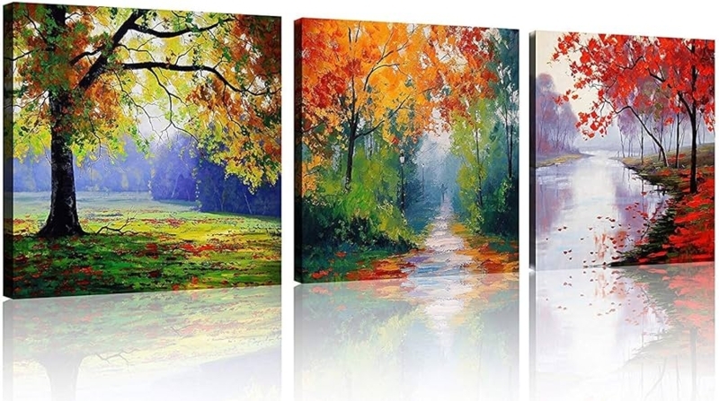 Wall Art Triptych Impressionist Style Seasonal Tree Landscape Canvas Set