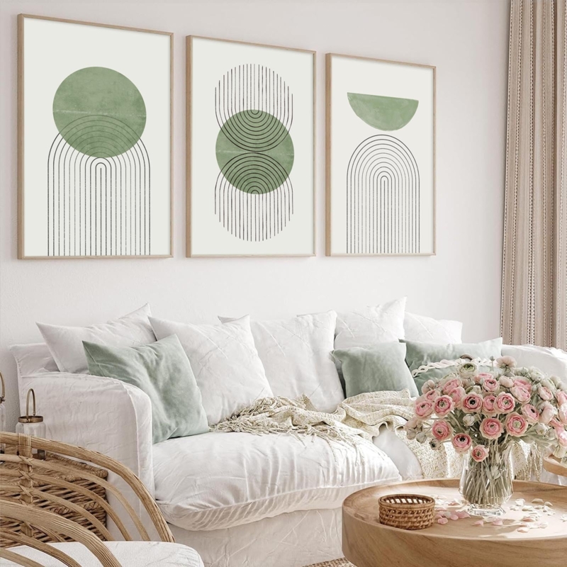 Wall Art Triptych in Sage Green Palette, Geometric Minimalism.