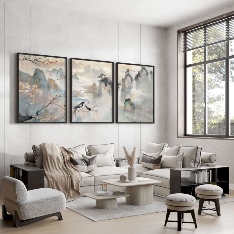 Wall Art: Triptych Landscape Prints in Neutral Japandi Living Room Style