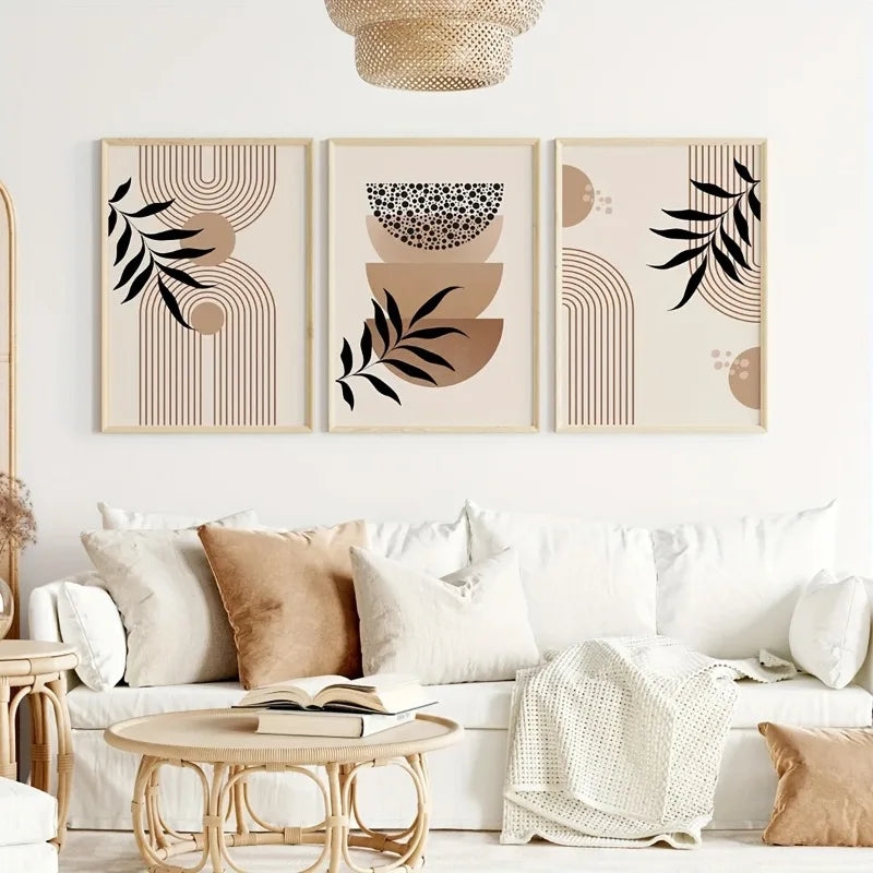 Wall Art Triptych, Large Neutral Boho Botanical and Geometric Mix.