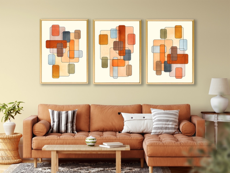Wall Art Triptych Layout Autumnal Art Palette, Cognac Upholstery Seating
