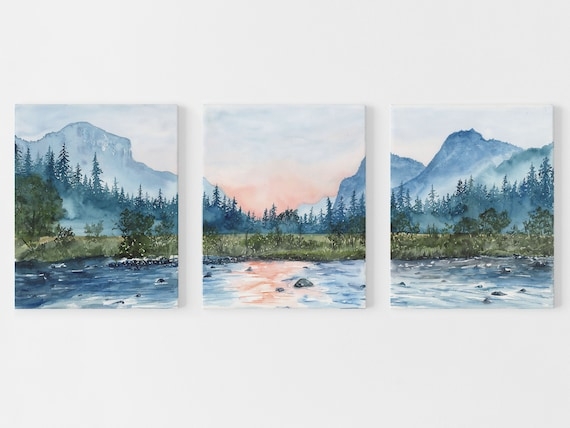 Wall Art Triptych Layout Watercolor Mountain Scene Dawn Palette Misty