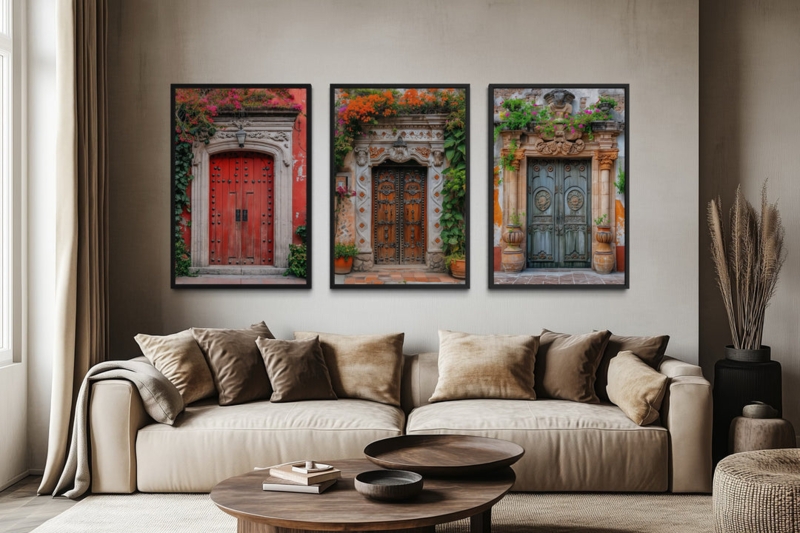Wall Art Triptych Layout with Mexican Door Theme on Framed Canvas