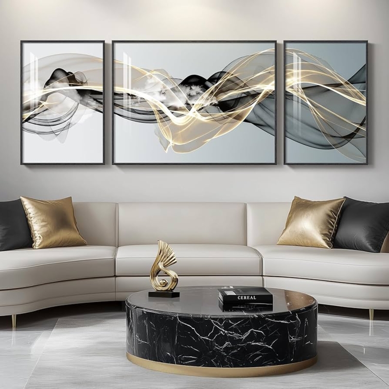 Wall Art Triptych: Minimalist Black And Gold, Modern Luxury