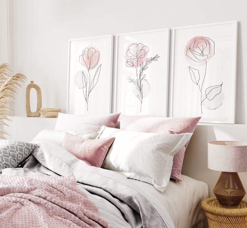 Wall Art Triptych Minimalist Floral Line Art Thin Frame, Botanical Triptych Decor