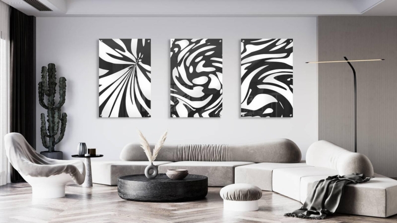 Wall Art Triptych: Modern Black And White Abstract Swirl Motif Prints