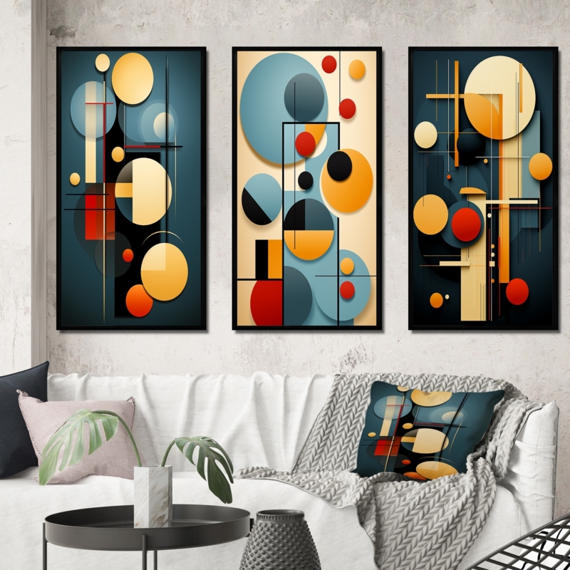 Wall Art Triptych: Modern Geometric Circular Motifs, Bold Primary Colors