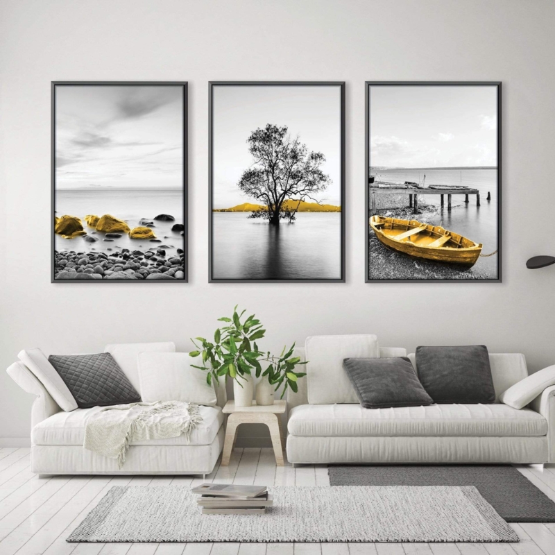 Wall Art Triptych, Monochrome Landscape with Selective Yellow