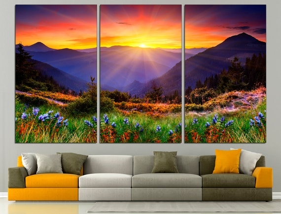 Wall Art Triptych Mountain Sunrise Theme Modern Nature Inspired