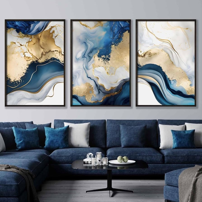 Wall Art Triptych: Navy And Gold Fluid Abstract Print Set