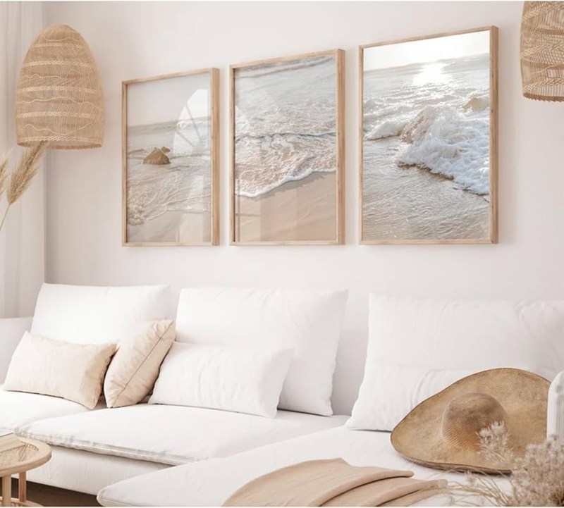 Wall Art Triptych Ocean Wave Imagery Woven Shades Coastal Boho Decor