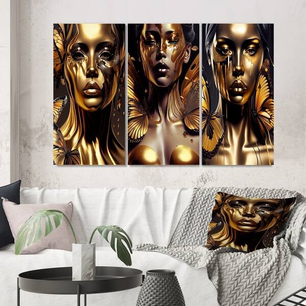 Wall Art Triptych Portrait Gold Foil Aesthetic Butterfly Motif