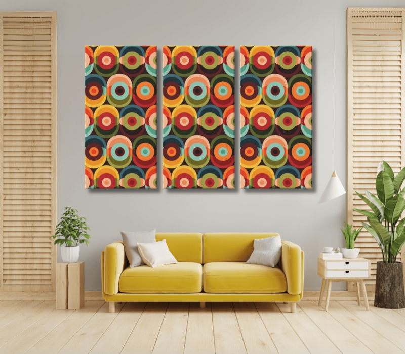 Wall Art Triptych: Retro Geometric Orb Pattern Canvas Set, Vibrant Colors