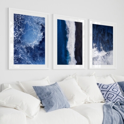 Wall Art Triptych Set: Coastal Aerial Ocean Photography in Navy