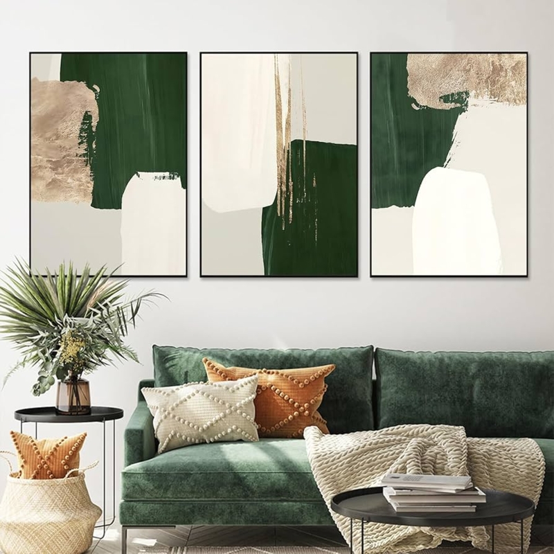 Wall Art Triptych Set Featuring Emerald and Gold Abstract Textures.