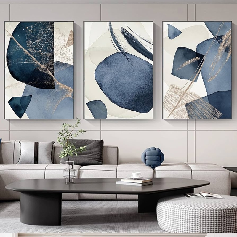Wall Art Triptych Set Featuring Organic Navy and Gold Contrast Forms